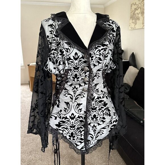 CYKXTEES Creative Brand Corset Blouse Sheer Sleeves Velvet Collar Long Tail - Picture 8 of 16